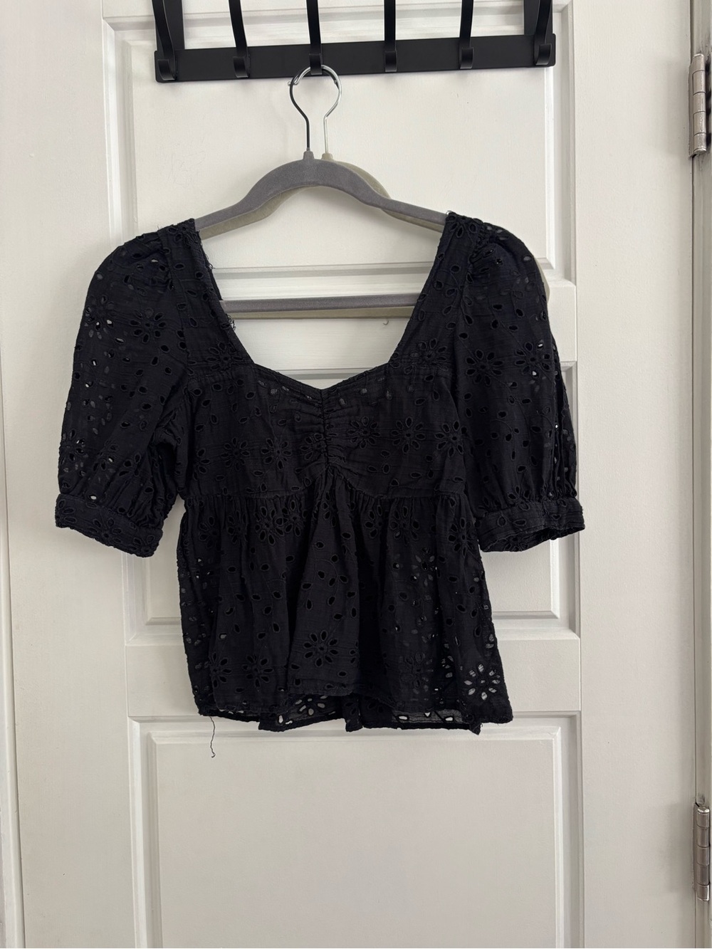 American Eagle Outfitters Black Eyelet Puff-Sleeve Peplum Blouse